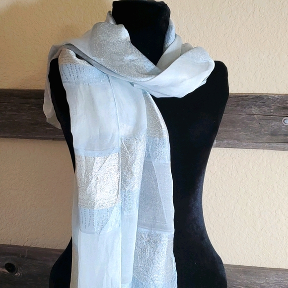 Silk and Rayon Scarf 24" x 64" Blue & Silver - Picture 4 of 6
